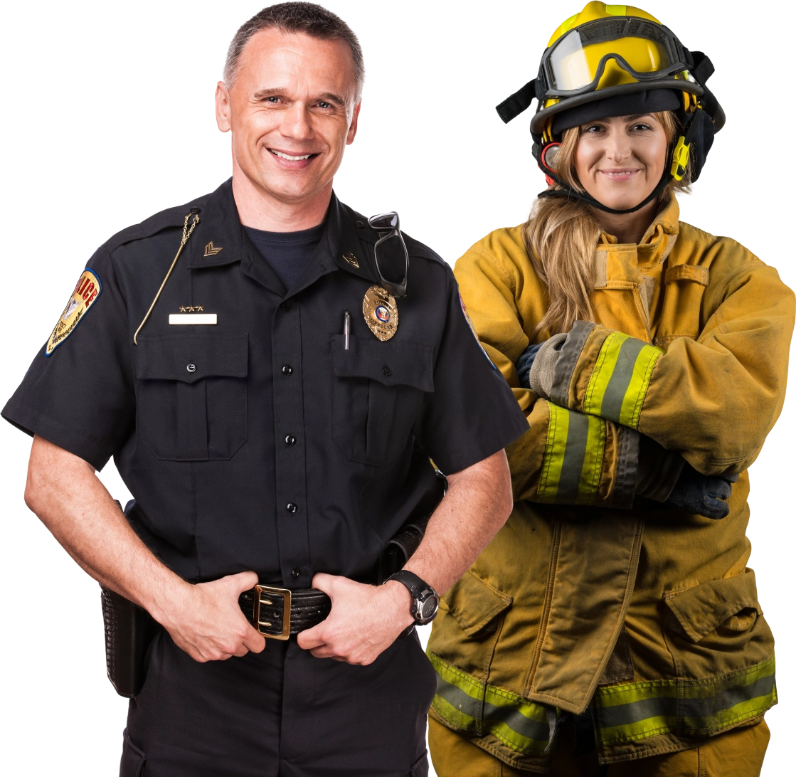 Police officer and firefighter standing side by side.