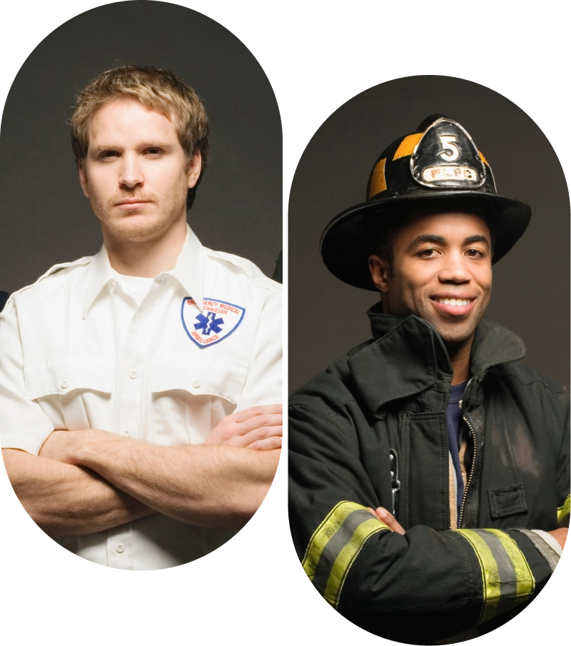 Two men, EMT and firefighter, arms crossed.