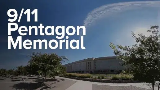 A large building with a sky background and the words pentagon memorial