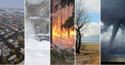 Collage of flooding, snow, wildfire, drought, tornado