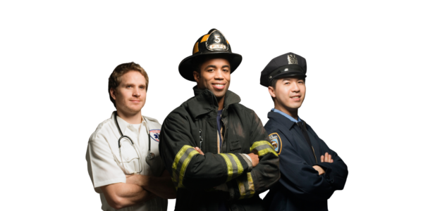 Three first responders: paramedic, firefighter, police officer