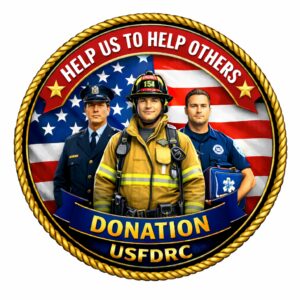 Three first responders in front of American flag